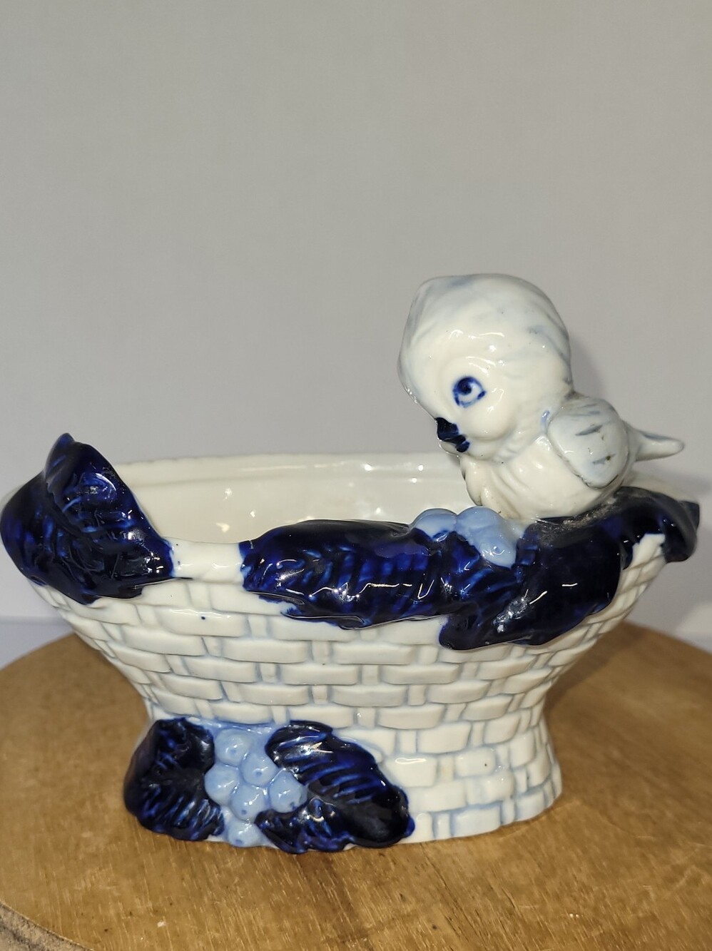 White and Cobalt Blue Ceramic Bird Planter- Home Accent